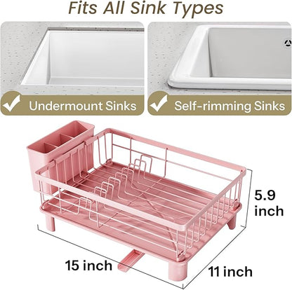 SNTD Dish Drying Rack - Small Dish Rack for Kitchen Counter, Stainless Steel Dish Drainer with Utensil Holder and Drainboard, 11" W x 15" L (Pink)