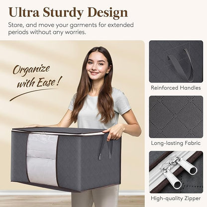 Lifewit Large Capacity Clothes Storage Bag Organizer with Reinforced Handle Thick Fabric for Comforters, Blankets, Bedding, Foldable with Sturdy Zipper, Clear Window, 30 Pack, 90L, Grey