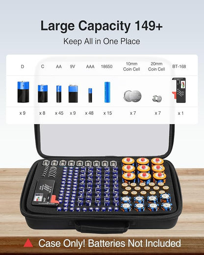 Luxtude Battery Organizer Storage Case with Tester, Clear Battery Storage Organizers Holds 149, Hard Batteries Holder Organizers, Portable Batteries Case Organizer (Black Large)