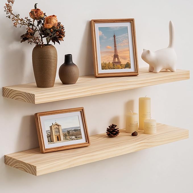 Fun Memories 30 Inch Floating Shelves for Wall, Deep Rustic Solid Wood Floating Shelves for Storage - Farmhouse Wall Mounted with Heavy-Duty Metal Bracket, 30" W x 8" D, Set of 2,Unfinished for DIY