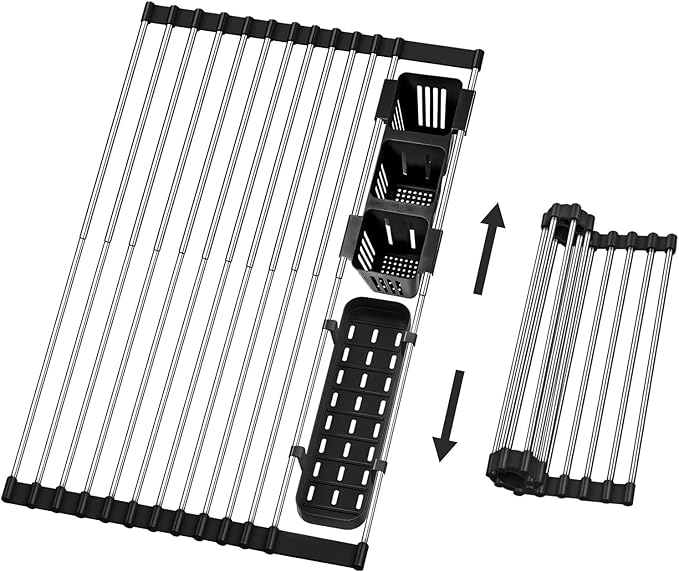 Hobychild Extra Large Expandable Roll Up Dish Drying Rack, 22.8 x 17.3 in with Expandable Storage Basket Over The Sink Rolling Dish Drainer, Foldable Sink Dish Drainer for Kitchen Counter,Black