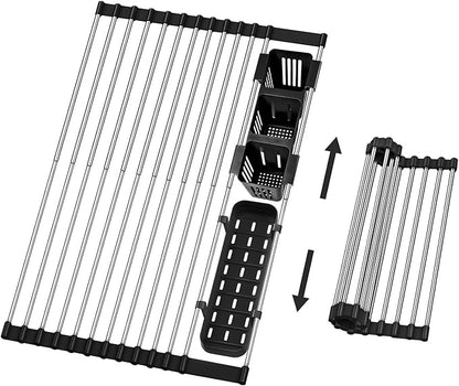Hobychild Extra Large Expandable Roll Up Dish Drying Rack, 22.8 x 17.3 in with Expandable Storage Basket Over The Sink Rolling Dish Drainer, Foldable Sink Dish Drainer for Kitchen Counter,Black