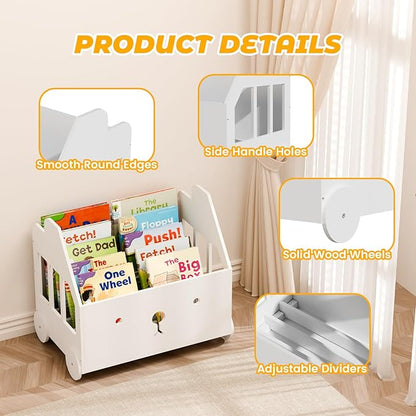 Wooden Kids Bookshelf, Toddler Montessori Bookshelf, Nursery Book Shelves with 4 Adjustable Dividers, Book Shelf for Kids Rooms, Nursery, Bedroom, Classroom and Playroom Storage