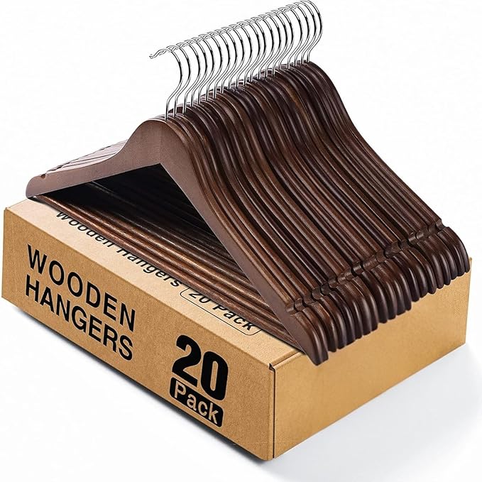 Kings Lifestyle Hub Wooden Hangers Premium Natural Bamboo Wood Hanger Well Polished Ergonomic Design & Sharply Cut Notches with Swivel Hook (Brown, Pack of 20)