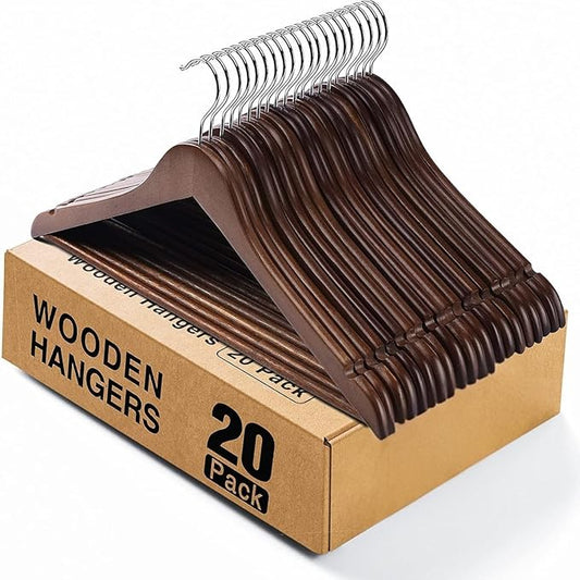 Kings Lifestyle Hub Wooden Hangers Premium Natural Bamboo Wood Hanger Well Polished Ergonomic Design & Sharply Cut Notches with Swivel Hook (Brown, Pack of 20)