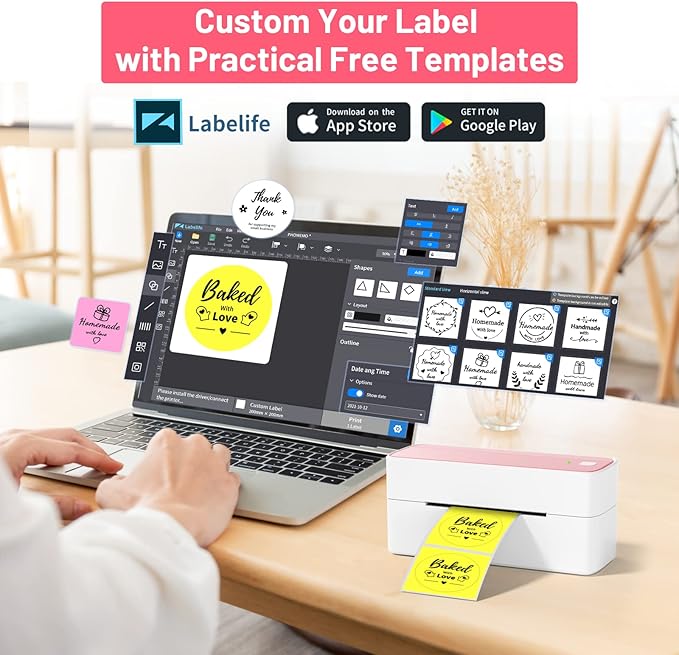 Phomemo Thermal Shipping Label Printer, 241BT Label Printer for Small Business &Shipping Packages, Pink 4x6 Bluetooth Thermal Printers Compatible with Android iOS Windows, Amazon, Ebay,UPS, Shopify
