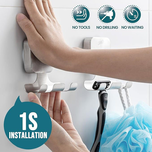 TAILI Powerful Suction Cup Razor Holder 2 Pack, Stylish 304 Stainless Steel Bathroom Suction Hooks for Towel, Loofah, Bathrobe, Shaver Holder for Shower Wall, Easy to Install and Reuse, Silver
