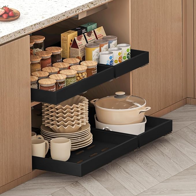 THMINS 2 Pack Expandable Pull Out Cabinet Organizer, 21" Depth, for Kitchen Cabinets, Upgrade 3 Slide Slide-Out Drawers, Adjustable Width 12.05" - 20.5", Black