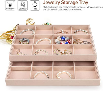 Zerodeko 2 Pcs Velvet Jewelry Organizer Tray with Adjustable Compartments Stackable 12-Grid Jewelry Display Insert for Drawer Storage and Home Decor