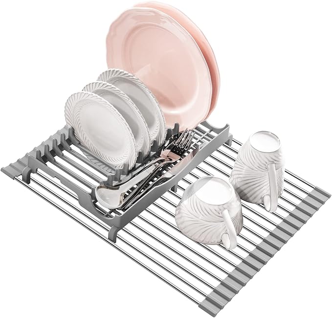 EMIERAI Upgraded Roll Up Dish Drying Rack(17.1” x 13.1”) Over Sink Dish Drainer Foldable Stainless Steel Trivet for Kitchen Countertop
