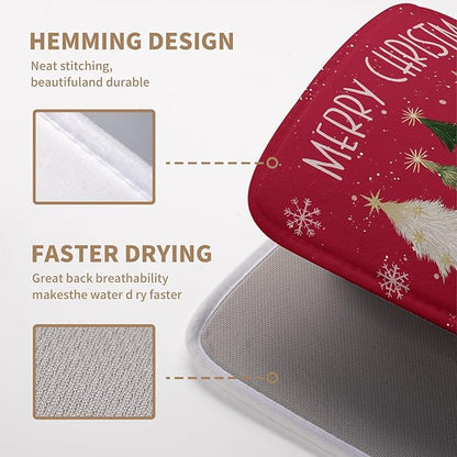Wnoesat Merry Christmas Dish Drying Mat for Kitchen Counter 16x18 Inch Red Xmas Tree Snowflakes Drying Pad Winter Holiday Absorbent Microfiber Dish Draining Reversible Dish Drainer Rack Mat