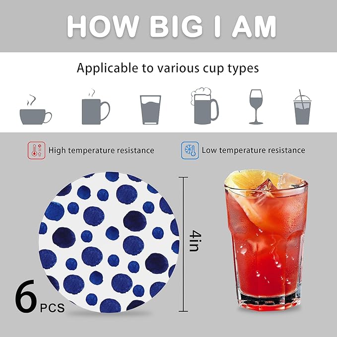 Drink Coasters for Drinks Set of 6,Blue Watercolor Series Absorbent Round Ceramic Stone Mat Coaster,with Cork Base and Metal Holder,Home Bar Decor House Warming Gift
