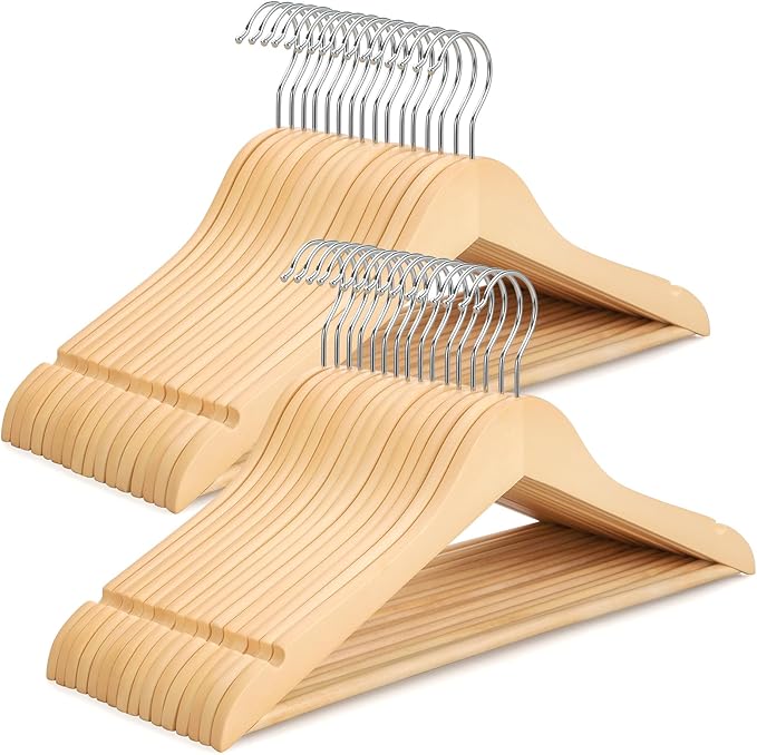 TOPIA HANGER Premium Wooden Hangers 30 Pack, Natural Wood Clothes Hangers, Durable Coat Hanger, 360° Swivel Hook, Non-Slip Shoulder Notches for Strap Dress, Shirt, Pant, Jacket-CT54N30
