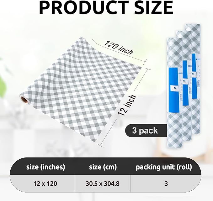 RAY STAR 12X120 Inch Shelf Liner for Kitchen Cabinets, Non-Adhesive Cabinet Liner Washable, PVC Drawer Liner for Dresser Non-Slip Bathroom (Plaid)(3 Roll)