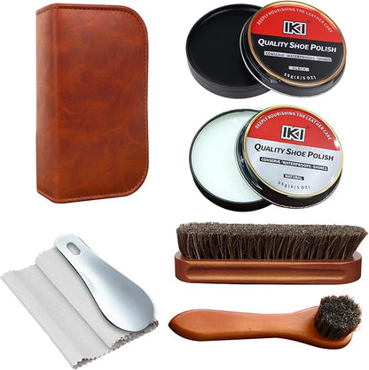 IKI Shoe Shine Polish Kit - 7PCS Leather Boot Care Kit with Black Shoe Polish Horsehair Brush Cloth Shoe Horn for Men