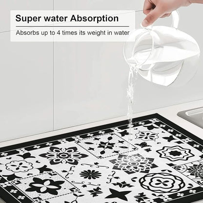 Retro Black Pattern Dish Drying Mat 18x24 For Kitchen Counter Absorbent Microfiber Dishes Pad Dish Drainer Rack Mats Fast Dry Kitchen Accessories