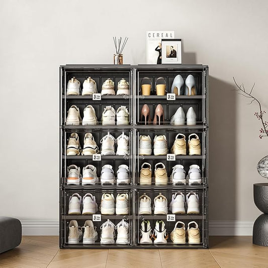 Vipbox Black Shoe Rack Organizer Cabinet for Closet Entryway,Clear Shoe Storage Boxes Stackable Sneaker Storage with Door Easy Assembly Shoe Cabinet with Lids Large 6 Tiers 24 Pairs