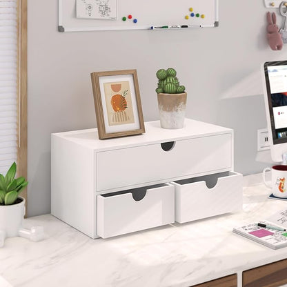 Bamboo Desk Organizer with Drawers Desktop Storage Drawers for Bills Office Supplies Kitchen Utensils Organizing Tool for Home Classroom Organization No Assembly (White)