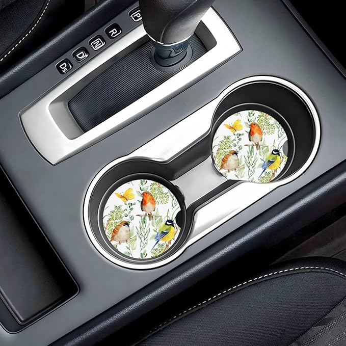 Bird Floral Flower Car Cup Holder Coaster 2 Pack Absorbent Ceramic Car Coasters for Cup Holders Car Accessories Interior for Women Men Universal Anti Slip Cork Base Cup Coasters with Finger Notch