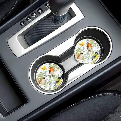 Bird Floral Flower Car Cup Holder Coaster 2 Pack Absorbent Ceramic Car Coasters for Cup Holders Car Accessories Interior for Women Men Universal Anti Slip Cork Base Cup Coasters with Finger Notch