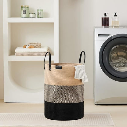 VIPOSCO Tall Laundry Basket, Large Dirty Clothes Hamper with Leather Handle, Woven Rope Storage Basket for Blanket, Toy In Living Room, Bathroom, Bedroom - 58L Brown & Black