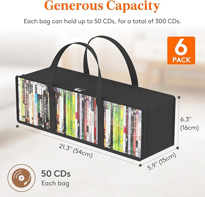 Lifewit CD Storage Bags 6 Pack, Clear PVC Plastic CD Organizer with Handles and Zipper, Media Holder for Blu Ray Disc, Movie Cases, VHS Box, Video Game Disks, Albums, Holds 300 Pcs CDs (50 Each)