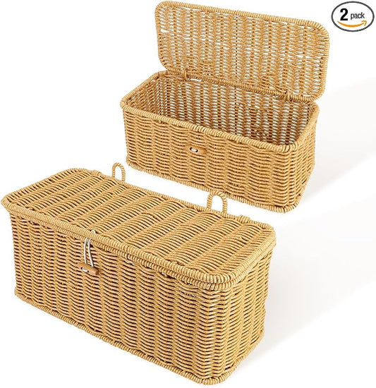 AceList Set of 2 Wicker Storage Basket with Lid, Rectangular Waterproof Handwoven Basket with Lid & Hooks, Boho Decorative Box for Organizing Home, Kitchen, and Room