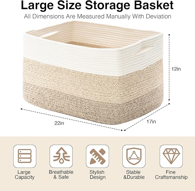 Large Rectangle Blanket Basket, Large Storage Basket for Organizing, Cotton Rope Woven Basket for Storage with Handles, Baby Nursery Living Room Bedroom, 22”x17”x12”, 75L