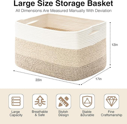 Large Rectangle Blanket Basket, Large Storage Basket for Organizing, Cotton Rope Woven Basket for Storage with Handles, Baby Nursery Living Room Bedroom, 22”x17”x12”, 75L