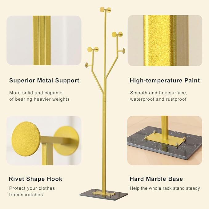 Heavy Duty Coat Rack Tree-shaped Metal Freestanding Coat Tree with Sturdy Marble Base Corner Coat Rack for Bedroom Entryway Hallway 14.96 x 10.24 x 68.9 Inches (Gold)