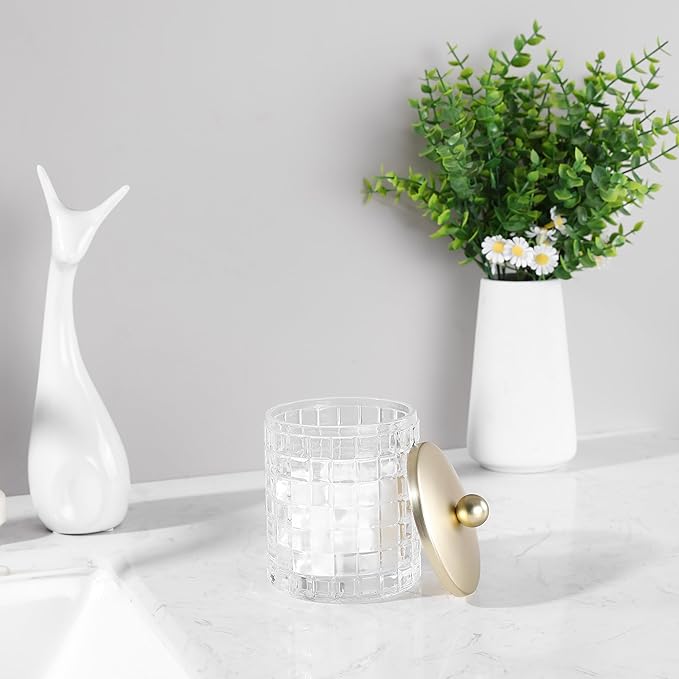 Indecor Home Clear Tranparent Apothecary Etched Geometric Grid Glass Jar W/Gold Metal Lid Cover for Bathroom Organization, Cotton Balls, Q Tips, and Small Accessories, Bathroom Storage