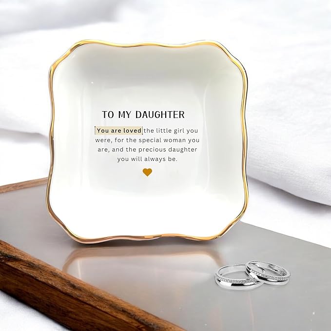 HatafaFurni Ring Dish Holder for Daughter from Mom, To My Daughter Ceramic Jewelry Trinket Dish, Daughter Gifts from Mom for Graduation Christmas Wedding - You Are Loved For the Little Girl You Were