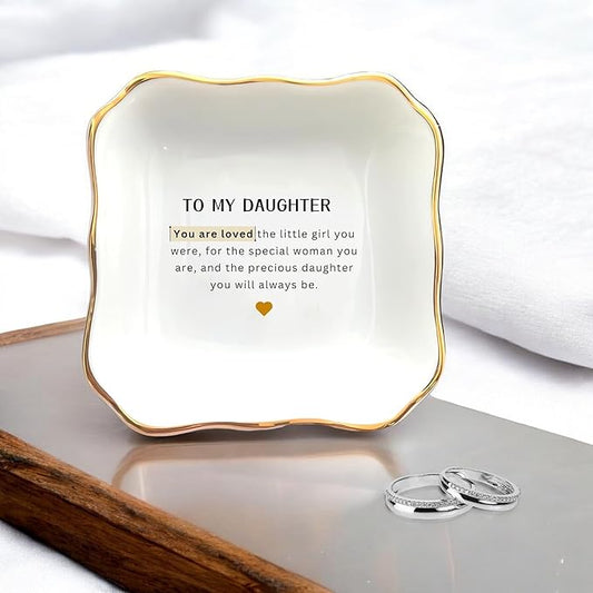 HatafaFurni Ring Dish Holder for Daughter from Mom, To My Daughter Ceramic Jewelry Trinket Dish, Daughter Gifts from Mom for Graduation Christmas Wedding - You Are Loved For the Little Girl You Were
