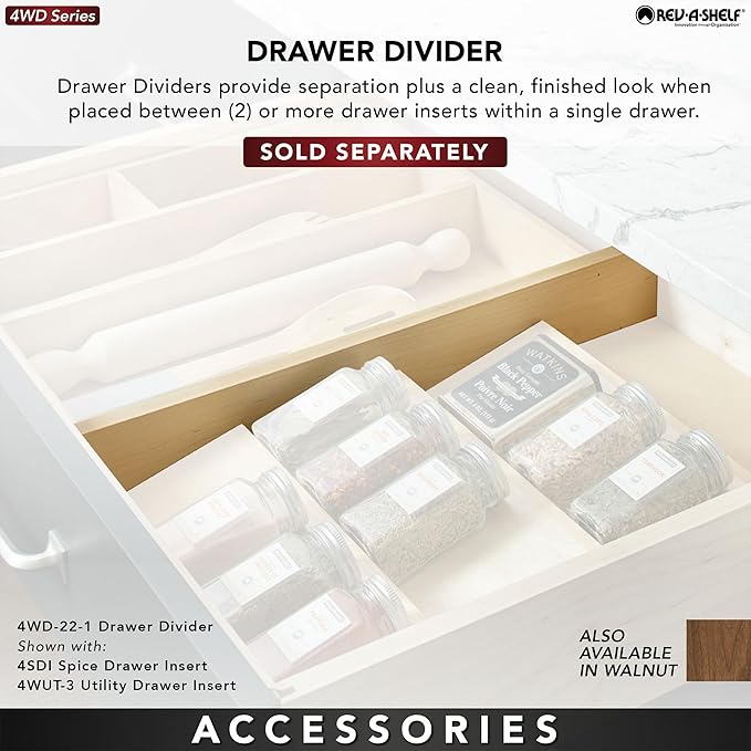 Rev-A-Shelf Trim-to-Fit Silverware Drawer Organizer For Kitchen Utensils, Cutlery Cabinet Storage Divider Insert, 33.13 x 22 In, Maple Wood, 4WUT-36SH