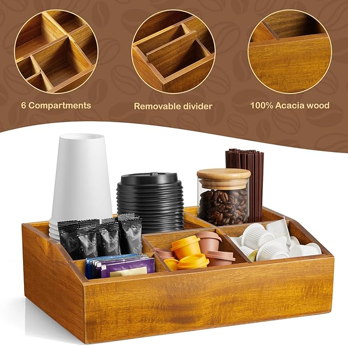 Acacia Wood Coffee Station Organizer for Countertop, Coffee Bar Accessories and Organizer, Pod Holder Storage Basket for K Cup Sugar Tea Bag