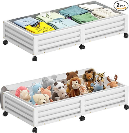 Wisuce Bamboo Under Bed Storage Containers- Underbed Organizer with Wheels with Large Dust Bag,Sturdy Wood Rolling Under the Bed Shoe Storage Organizer Drawer 2 Packs (White, Long)