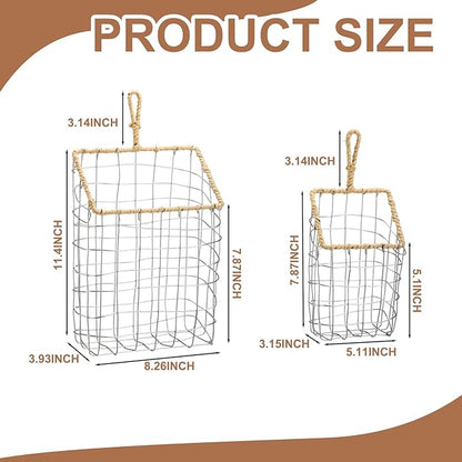 2 Pcs Hanging Storage Baskets Iron Wire Handwoven Wall Baskets with Wicker Hook Rustic Wall Mounted Organizer for Organizing Mail Files Accessories Kitchen Bathroom Pantry Farmhouse Decor