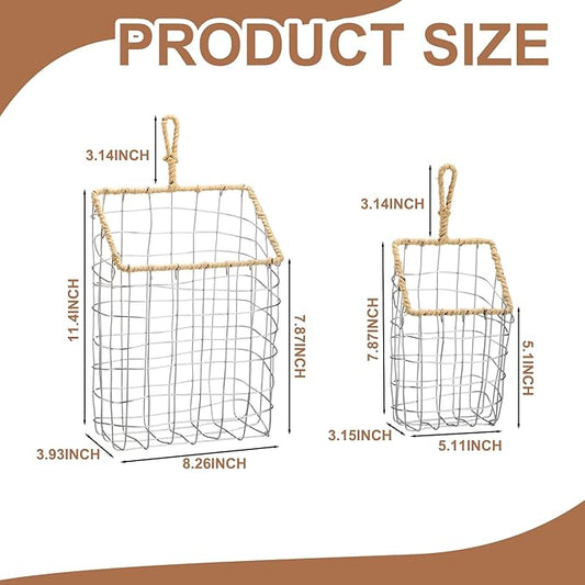 2 Pcs Hanging Storage Baskets Iron Wire Handwoven Wall Baskets with Wicker Hook Rustic Wall Mounted Organizer for Organizing Mail Files Accessories Kitchen Bathroom Pantry Farmhouse Decor