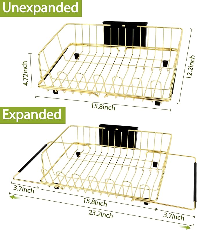 HAYAWEY Golden Expandable Dish Drying Rack-Extra Large Stainless Steel Dish Drainer Over The Sink for Kitchen Countertop with Utensil Holder, Applicable for Sink Width 16'-22' (Gold,23.2'*12.2')