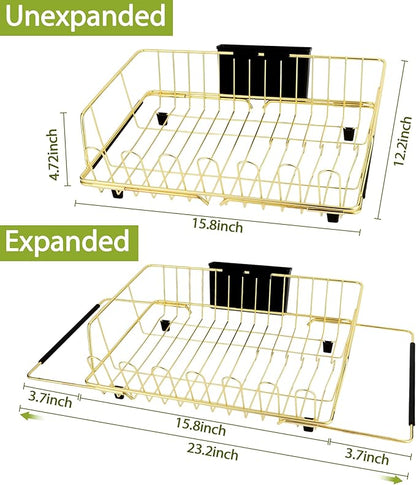 HAYAWEY Golden Expandable Dish Drying Rack-Extra Large Stainless Steel Dish Drainer Over The Sink for Kitchen Countertop with Utensil Holder, Applicable for Sink Width 16'-22' (Gold,23.2'*12.2')