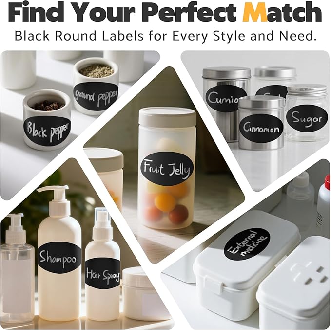 180Pcs Chalkboard Labels for Jars, Waterproof Reusable Blackboard Stickers with 1 Liquid Chalk Markers, Organization Labels Removable (Black, Round)