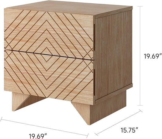 MUSEHOMEINC Solid Wood Nightstand with 2 Drawer Storage, Modern Beside Table, Small 2 Drawer Dresser, Night Stand with Two Unique Rhombus Details Drawers for Bedroom, Home,Living Room