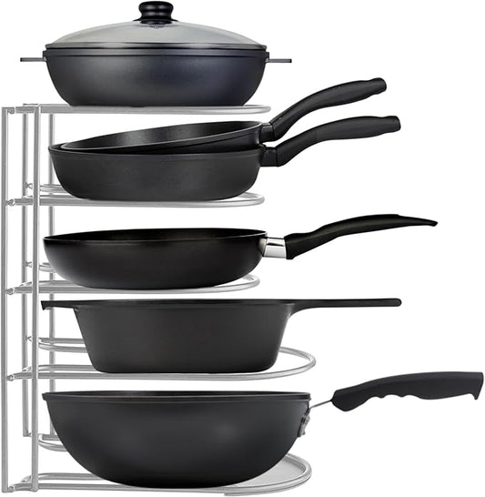 Extreme Matters Heavy-Duty Pots and Pans Organizer | 5-Tier Cookware & Lid Storage Rack | Free-Standing or Wall-Mount | Kitchen Organizer for Cast Iron Skillets, Pots, Frying Pans, Lids | Chrome