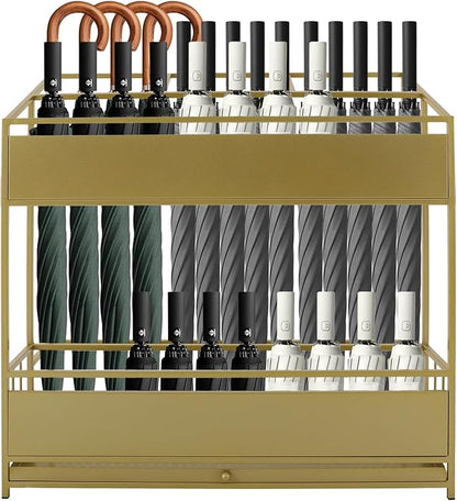 Commercial Metal Umbrella Holder Umbrella Stand with Drip Tray Entrance Umbrella Organizer Large Capacity Umbrella Rack for Home, Office, Apartment, Hotel (Gold, 26.8 * 12.6 * 27.6in)