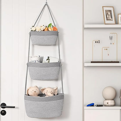 Hanging Storage Baskets, Over The Door Basket, Cotton Wall Baskets Storage, Hanging Door Basket with 4 Hooks