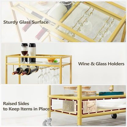 Gold Bar Cart, Beverage Cart with Wheels, Bar Cart for The Home, 2-Tier Drink Cart with Wine Rack and Glass Holder, Kitchen, Dining Room, Gold RCJ63B01Z