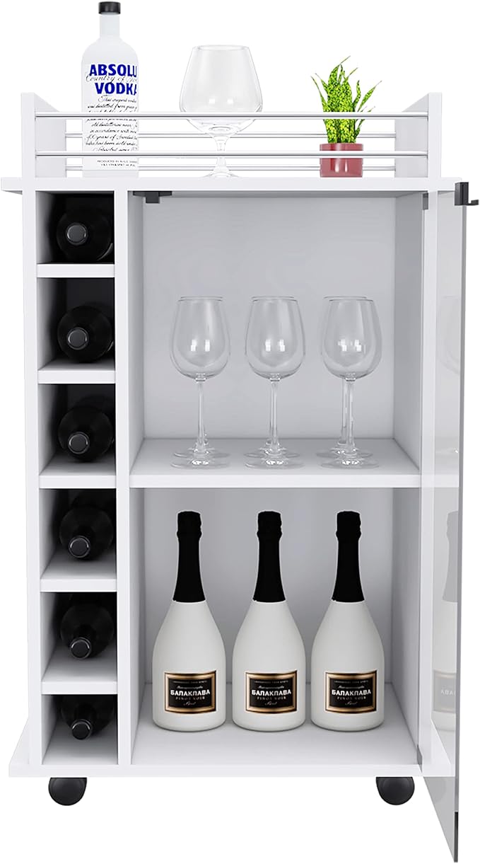 Mobile Bar Cart with Glass Door Cabinet, 6 Wine Bottle Storage Cubbies, Carbon Espresso Finish, 35" H x 21.6" W Bar Serving Cart with Wheels (White)