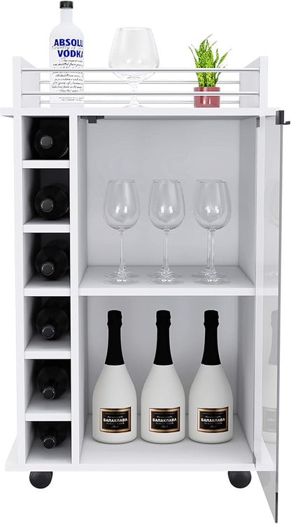 Mobile Bar Cart with Glass Door Cabinet, 6 Wine Bottle Storage Cubbies, Carbon Espresso Finish, 35" H x 21.6" W Bar Serving Cart with Wheels (White)