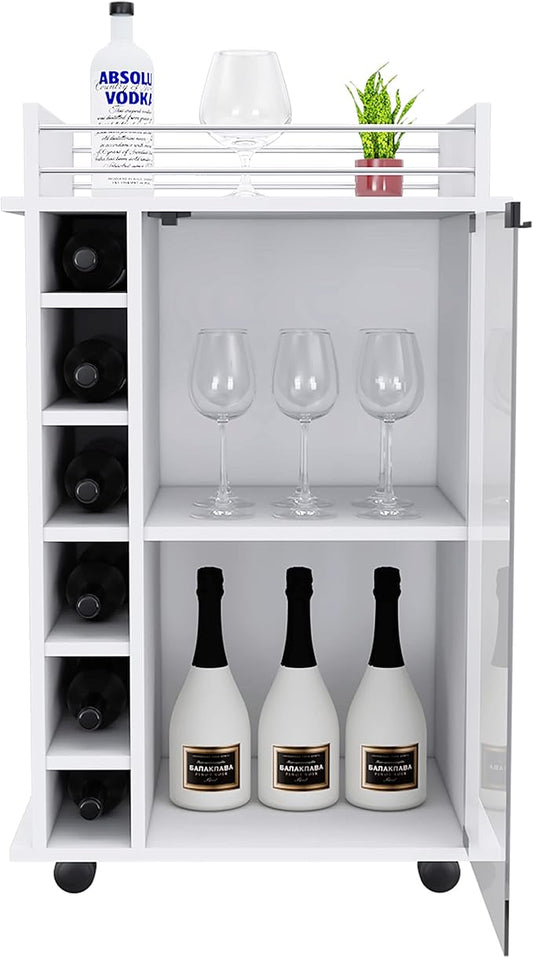 Mobile Bar Cart with Glass Door Cabinet, 6 Wine Bottle Storage Cubbies, Carbon Espresso Finish, 35" H x 21.6" W Bar Serving Cart with Wheels (White)