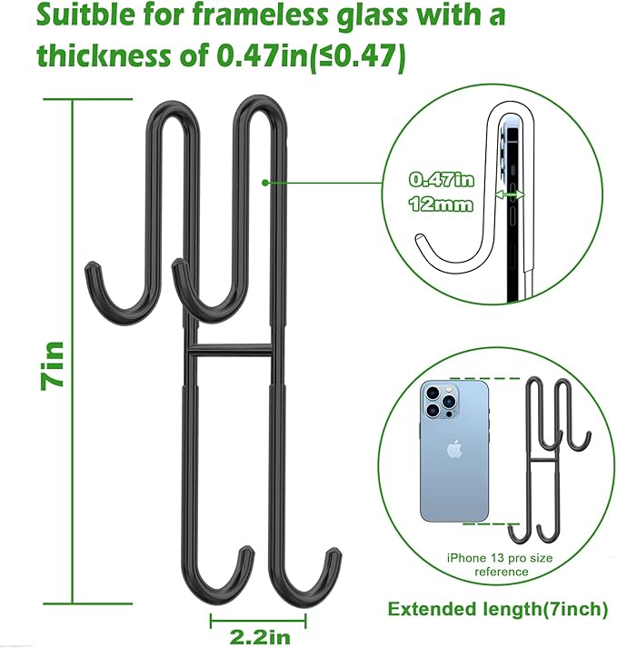 Cerbonny Shower Door Hooks, 2 Pack Double Towel Hooks for Bathroom Frameless Glass Shower Door, Heavy Duty Stainless Steel Bathroom Hanger Without Perforation，Black